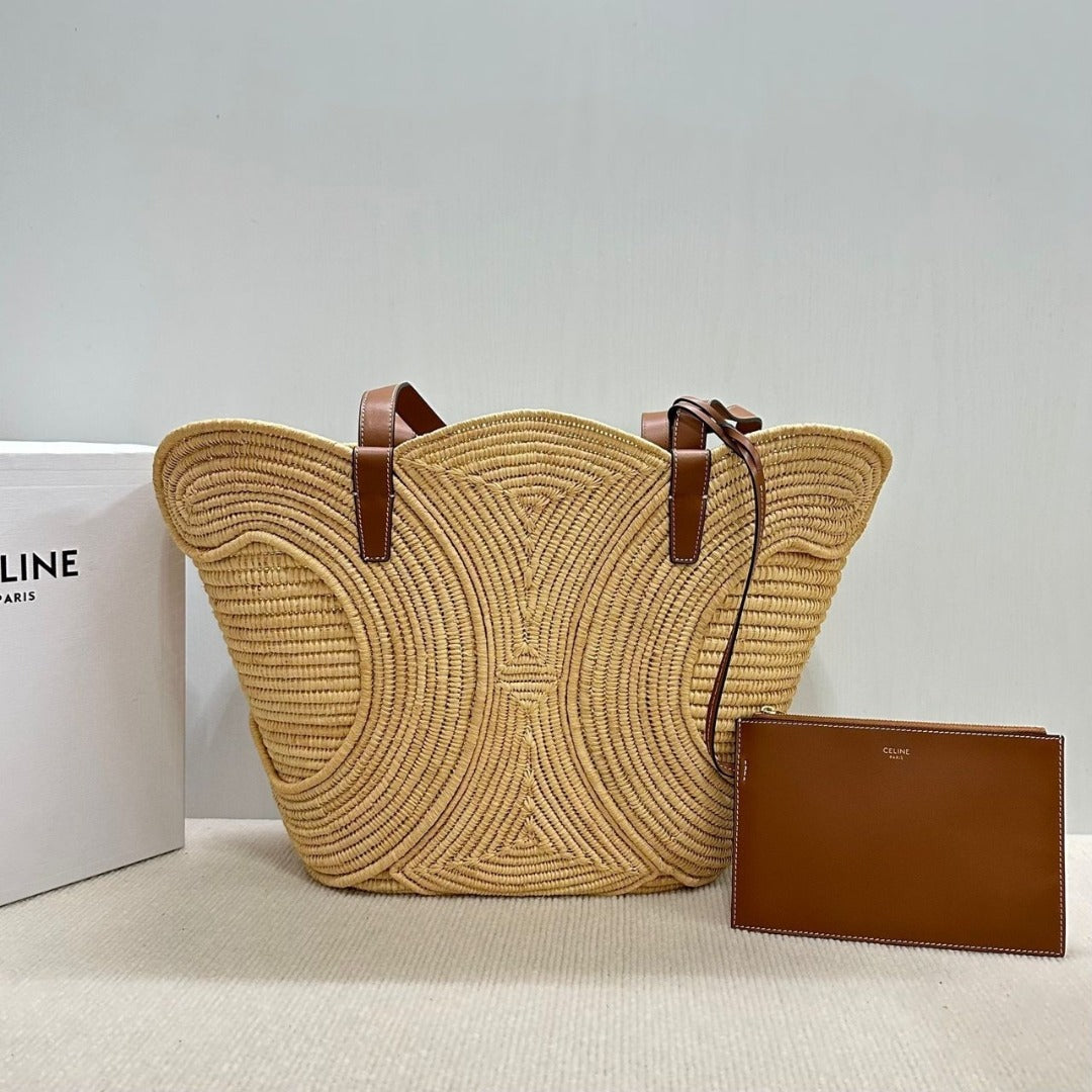 CELINE CLASSIC SMALL BASKET WITH WOVEN TRIOMPHE IN RAFFIA AND CALFSKIN